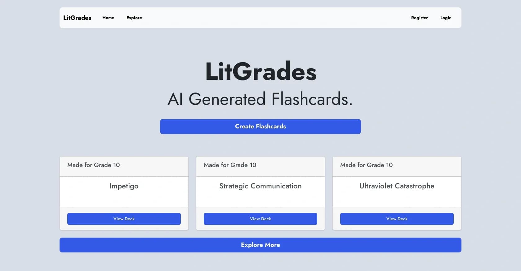 LitGrades homepage screenshot — Flashcard app for 10th graders.