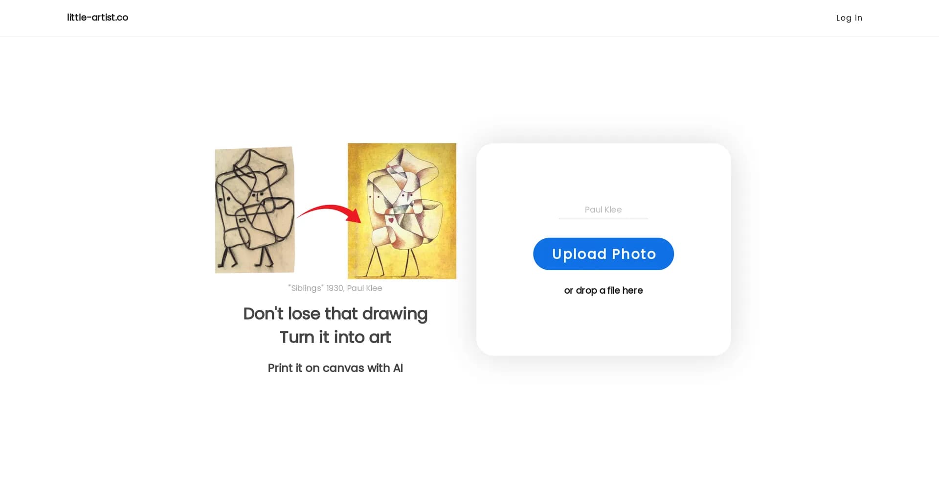 Little Artist homepage screenshot — Turn kids' drawings into canvas art with AI