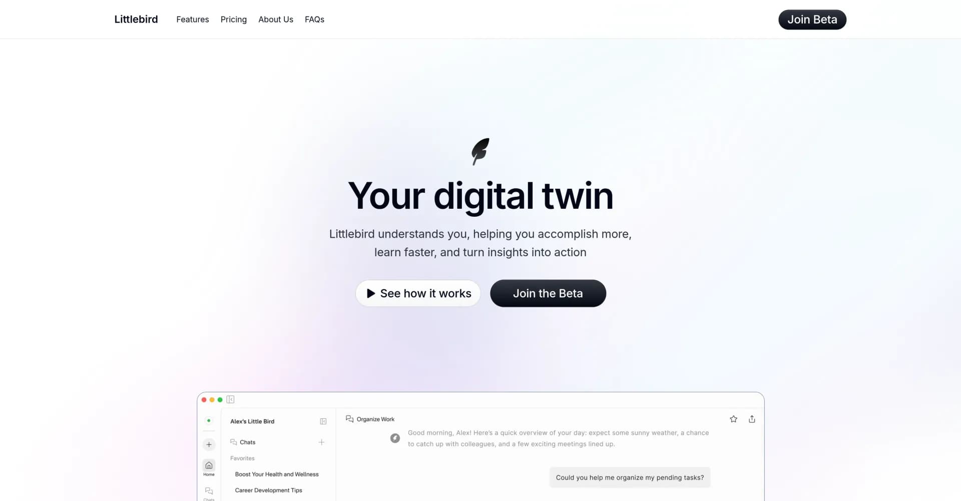 Littlebird homepage screenshot — Your AI digital twin