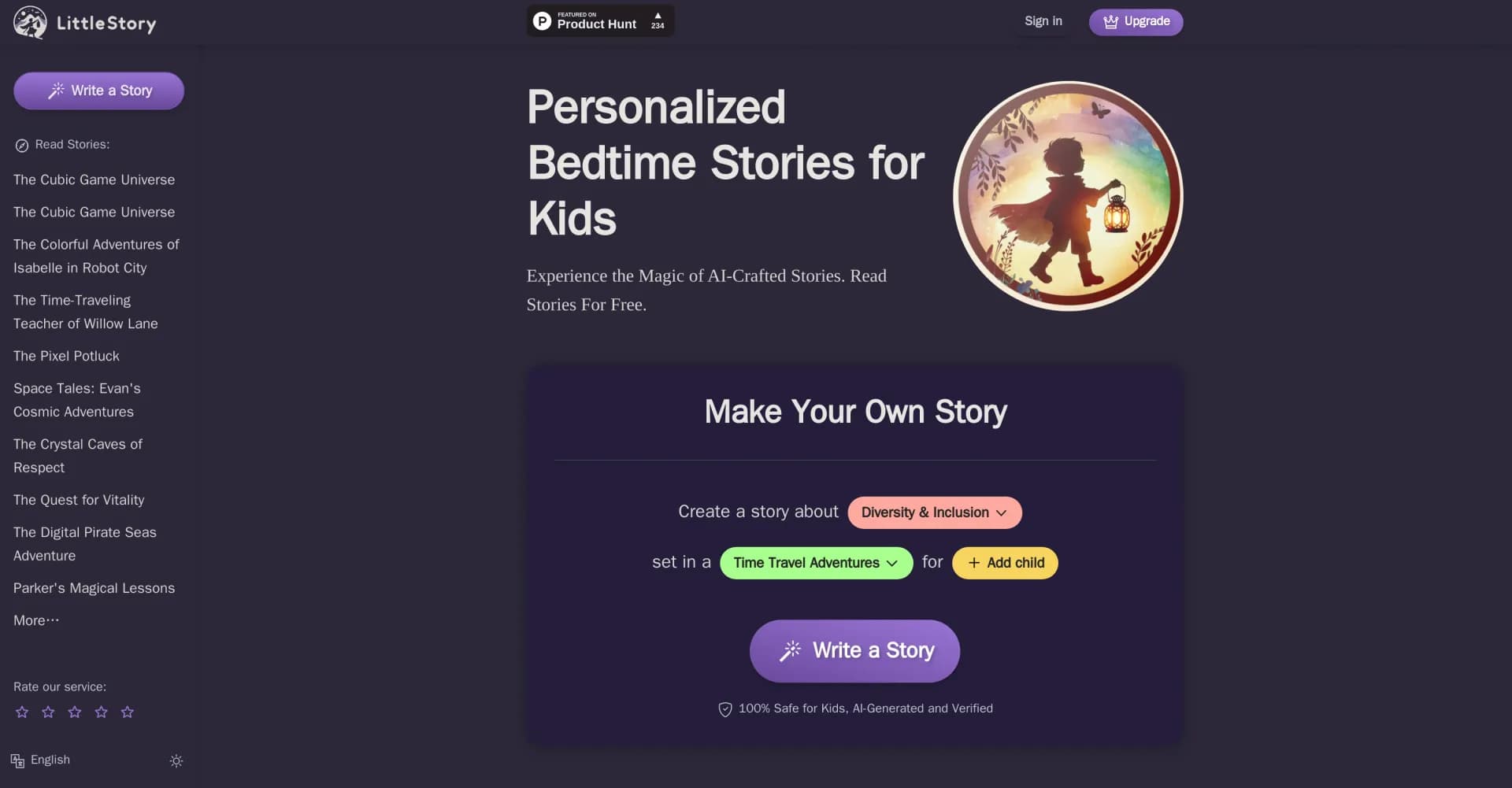 LittleStory.io homepage screenshot — Create unique, tailored fairytales for your child.