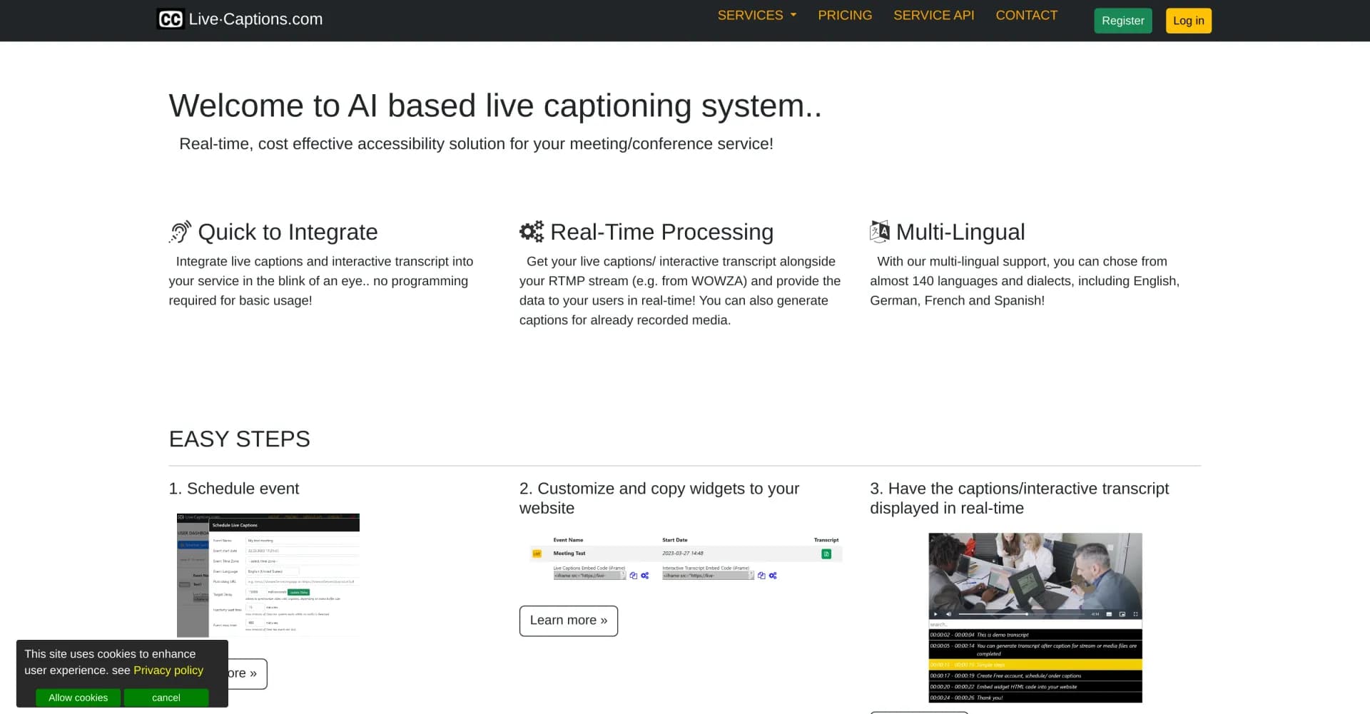 Live Captions homepage screenshot — Real-time AI captions for seamless accessibility.