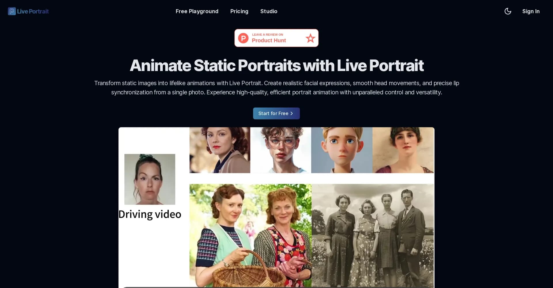 Live-Portrait.org homepage screenshot — Transform static photos into lifelike animations.