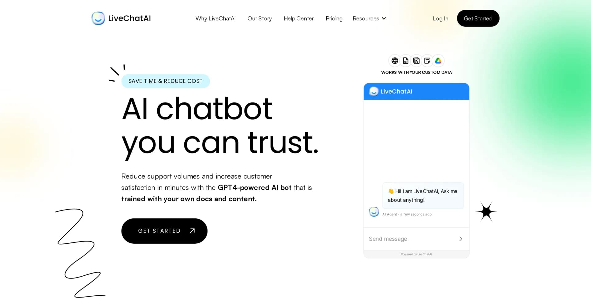 LiveChatAI homepage screenshot — AI chatbot trained on your docs for instant support