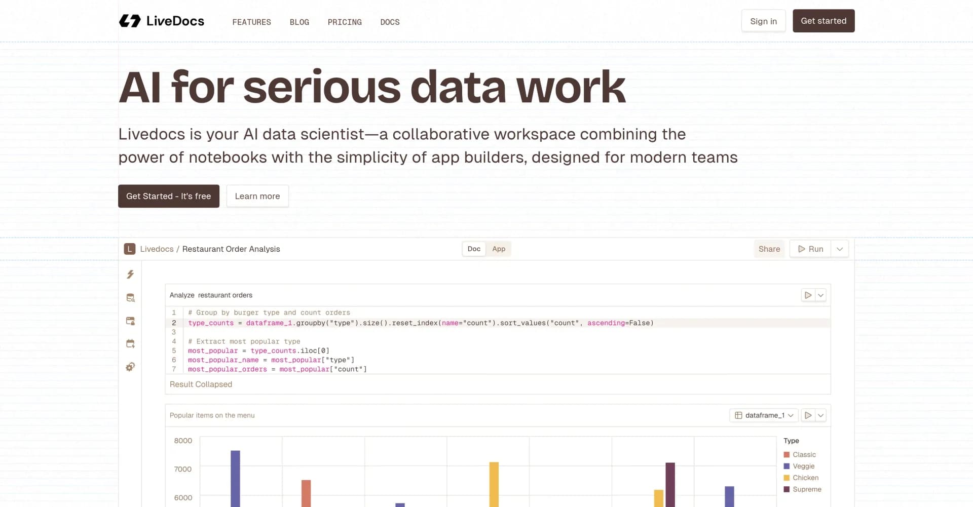 Livedocs homepage screenshot — AI data scientist for collaborative workspace teams.