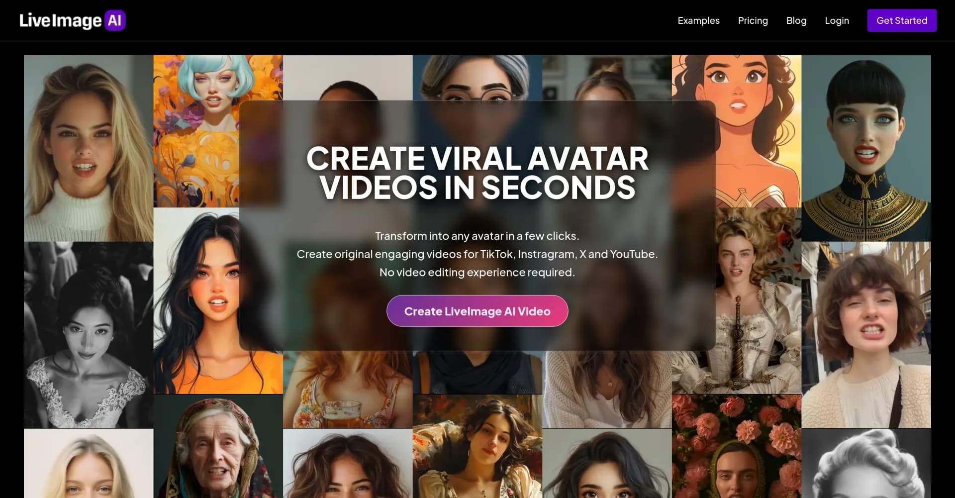 LiveImage AI Avatar homepage screenshot — Transform images into talking AI videos instantly.