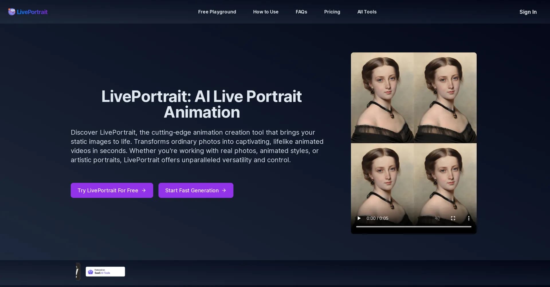 LivePortrait homepage screenshot — Transform photos into lifelike animated videos instantly.