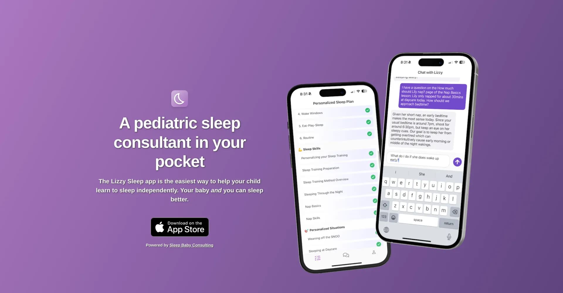 Lizzy Sleep homepage screenshot — Your pocket pediatric sleep consultant.