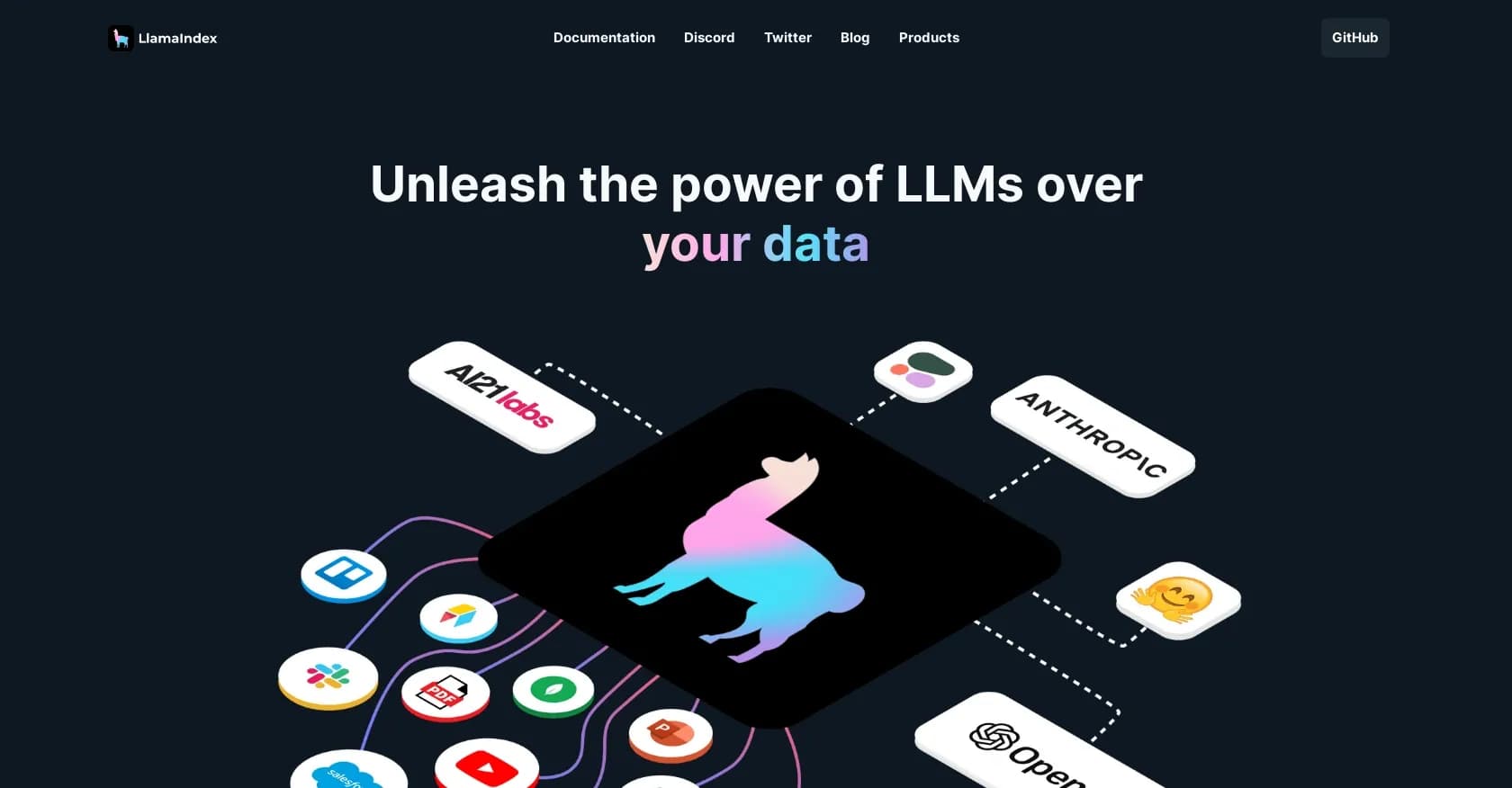 Llamaindex homepage screenshot — Connect custom data to large language models