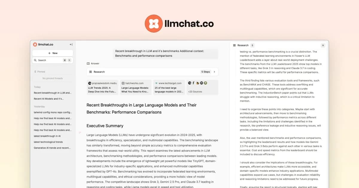 LLMChat homepage screenshot — Chat with top AI models in a clean, private interface.
