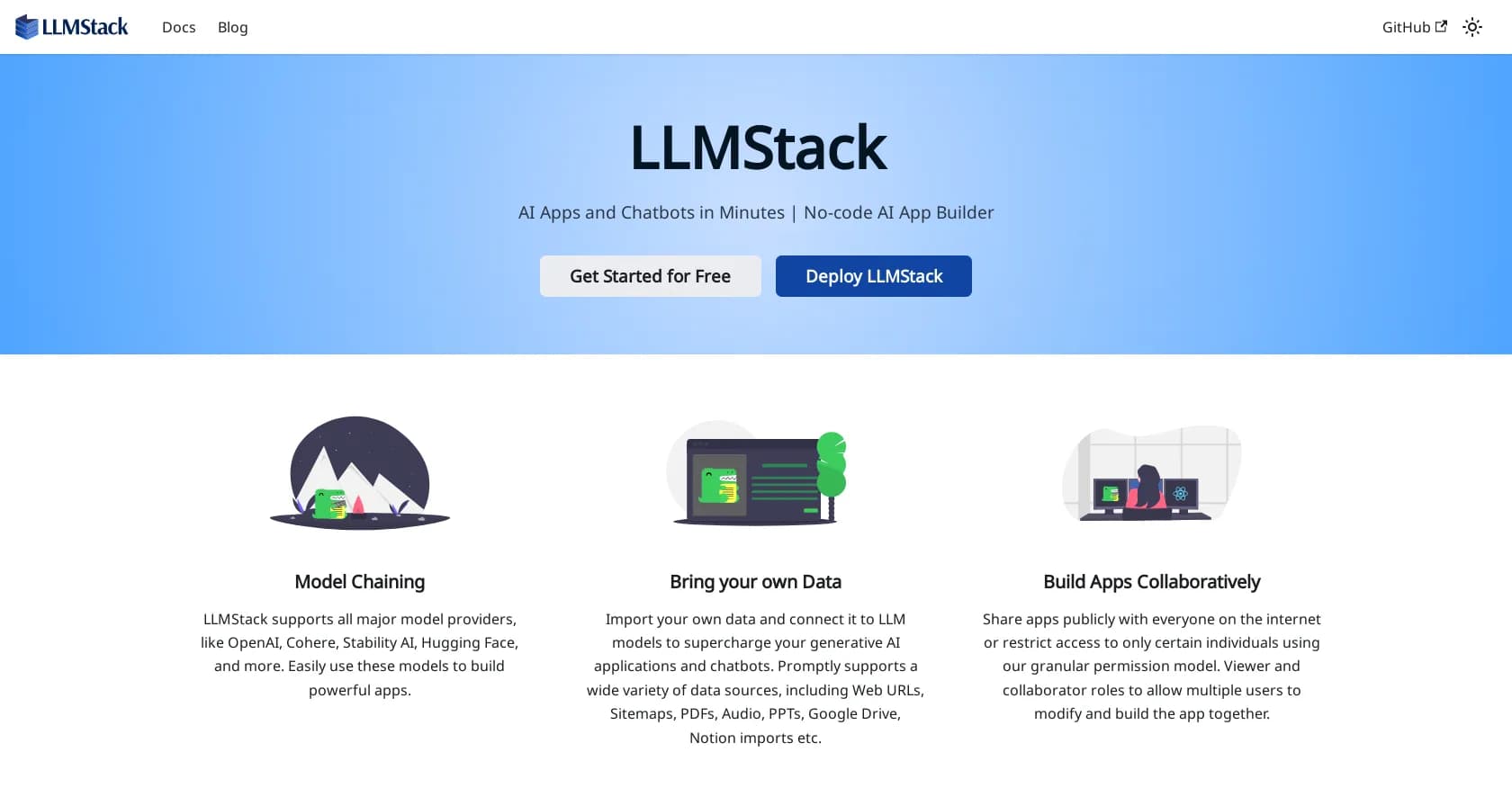 LLMStack homepage screenshot — Create AI apps and chatbots in minutes without coding