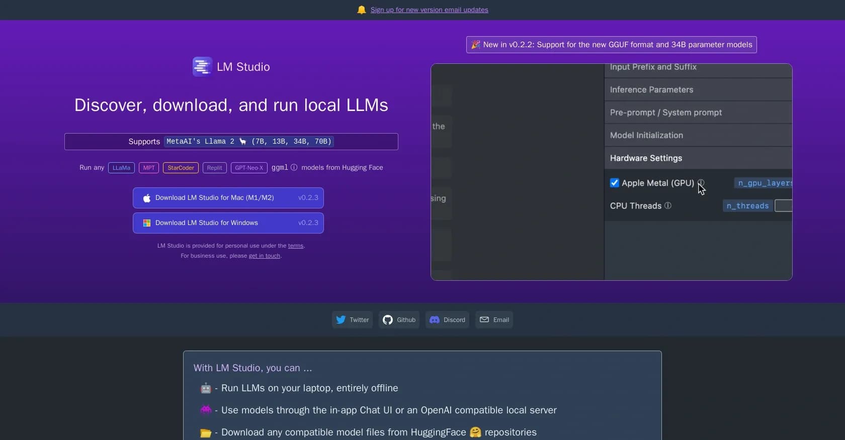 LMStudio homepage screenshot — Discover, download, and run local LLMs