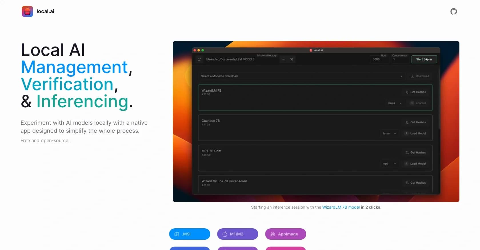 Localai homepage screenshot — Experiment with AI models locally, no GPU required.