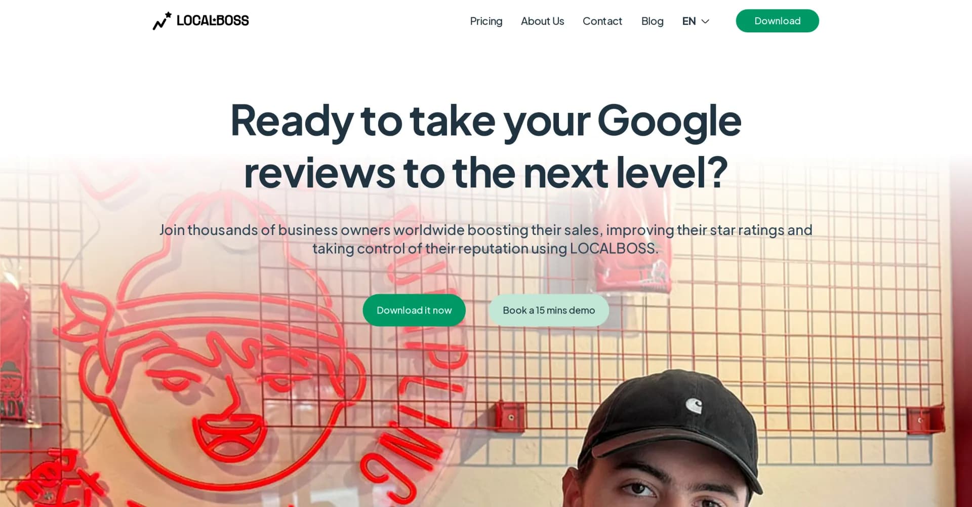 LocalBoss homepage screenshot — Manage Google Reviews effortlessly to boost your business