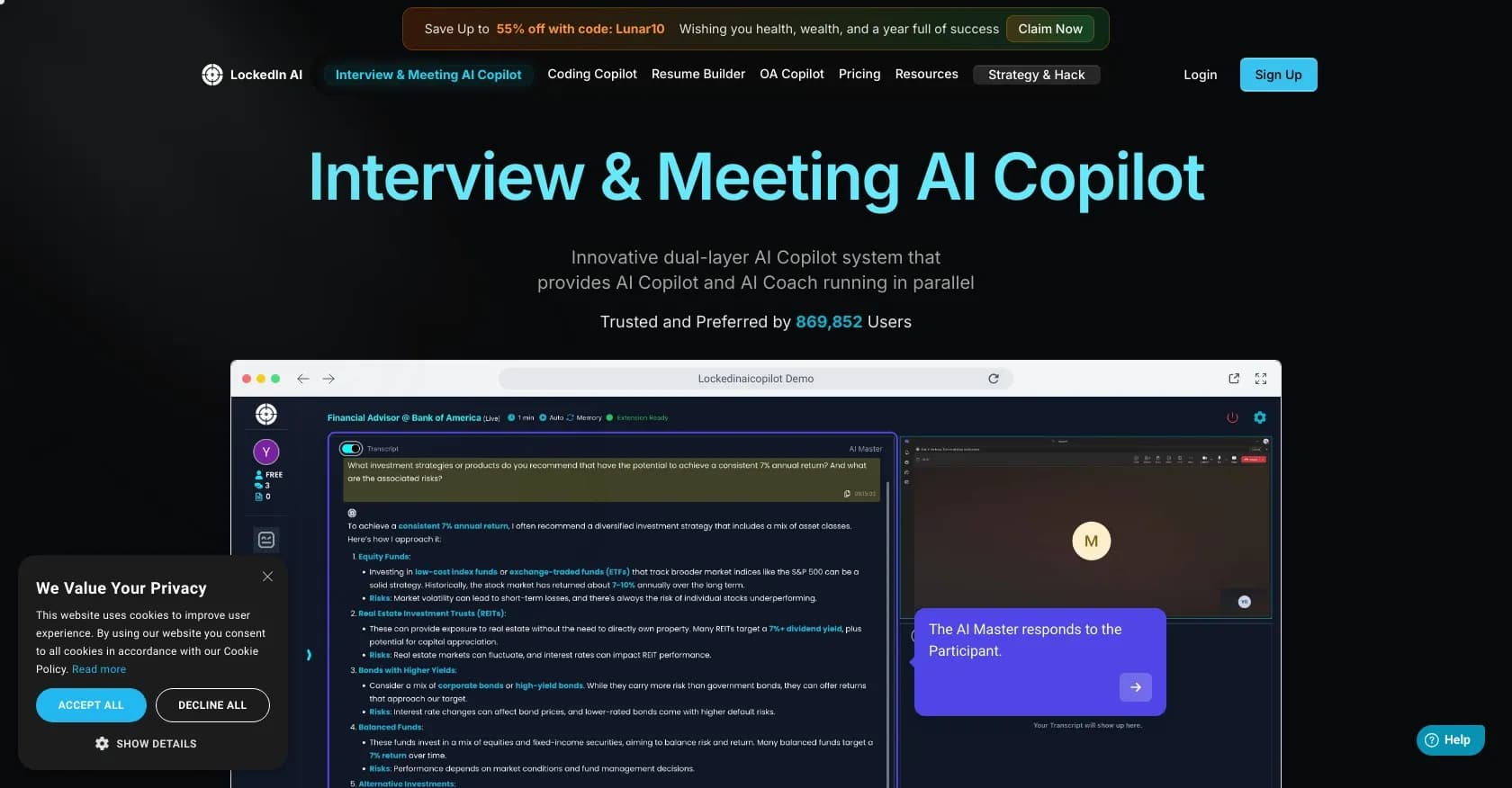 LockedIn AI homepage screenshot — AI copilot for interviews and meetings