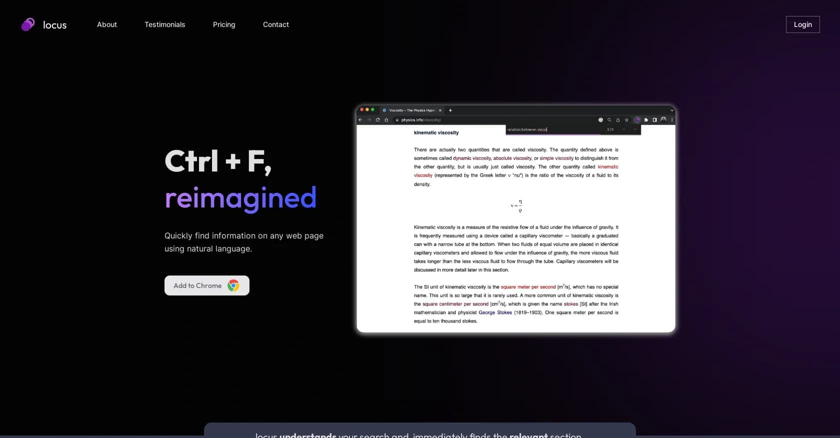 Locus homepage screenshot — Find info on web pages using natural language