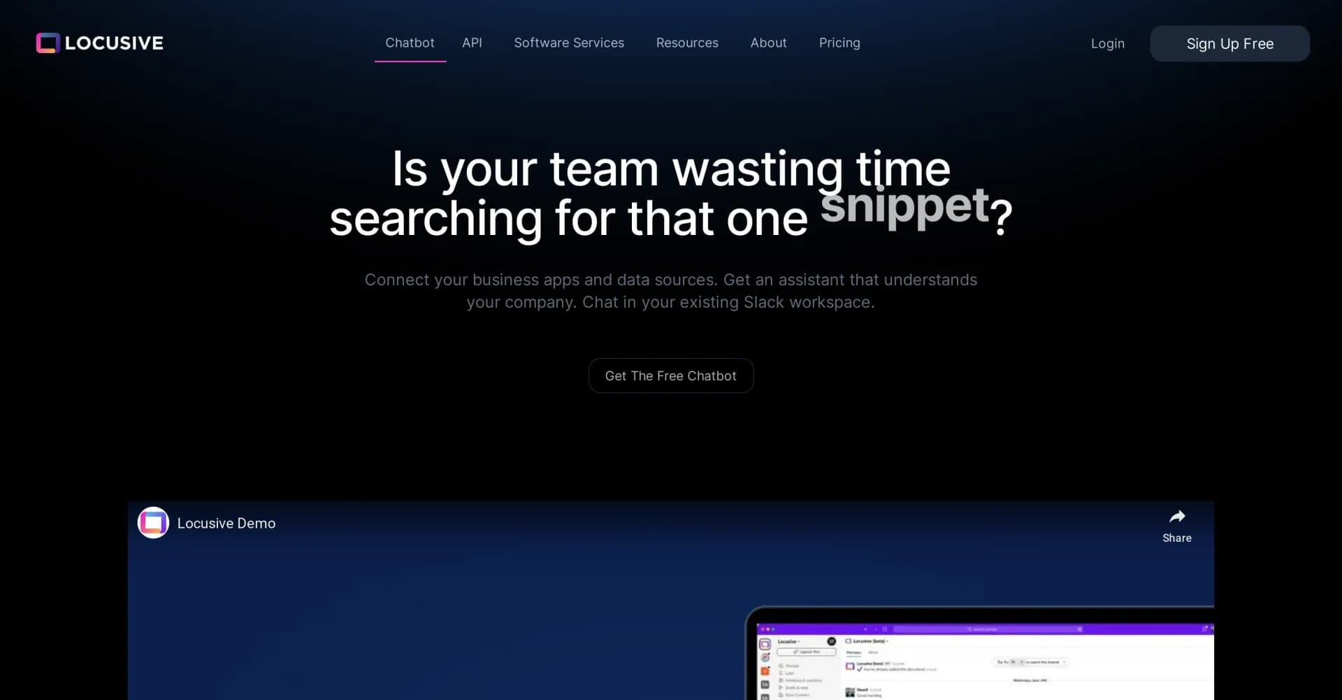 Locusive homepage screenshot — Connect apps, chat with company data in Slack.