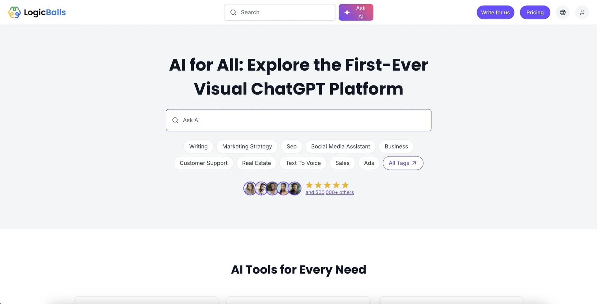 Logicballs homepage screenshot — AI writer for high-quality content creation