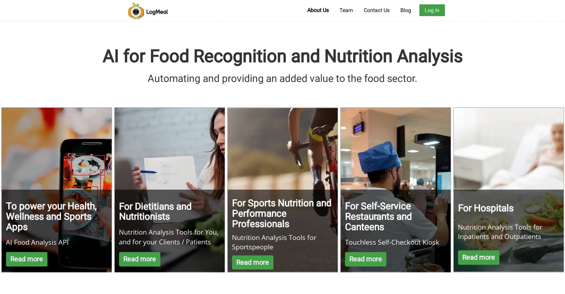 LogMeal homepage screenshot — AI-powered food recognition for smarter eating and dining.