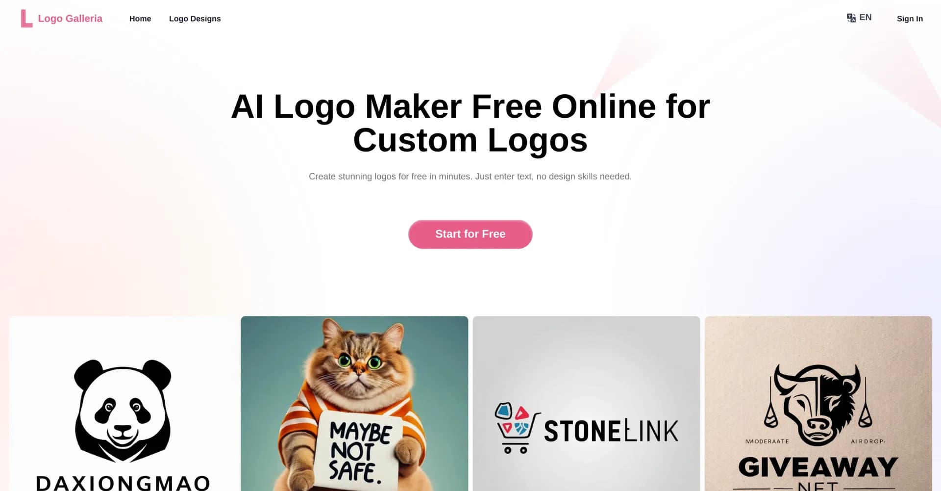 Logo Galleria homepage screenshot — Create stunning logos for free in minutes