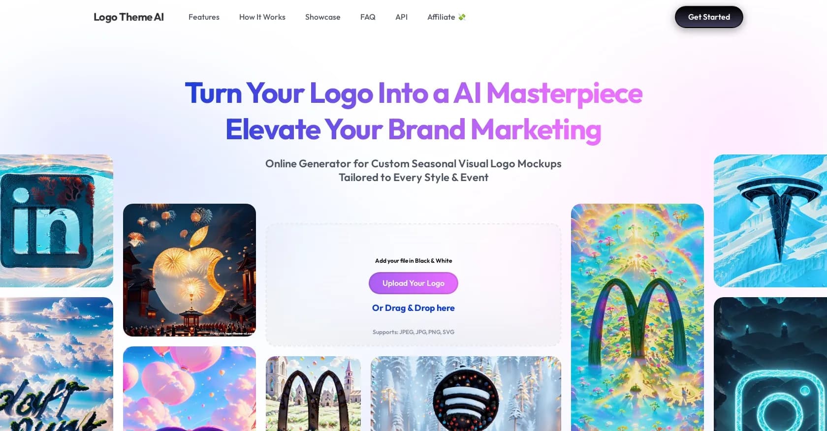 LOGO Theme AI homepage screenshot — Transform your logo for any occasion with AI.