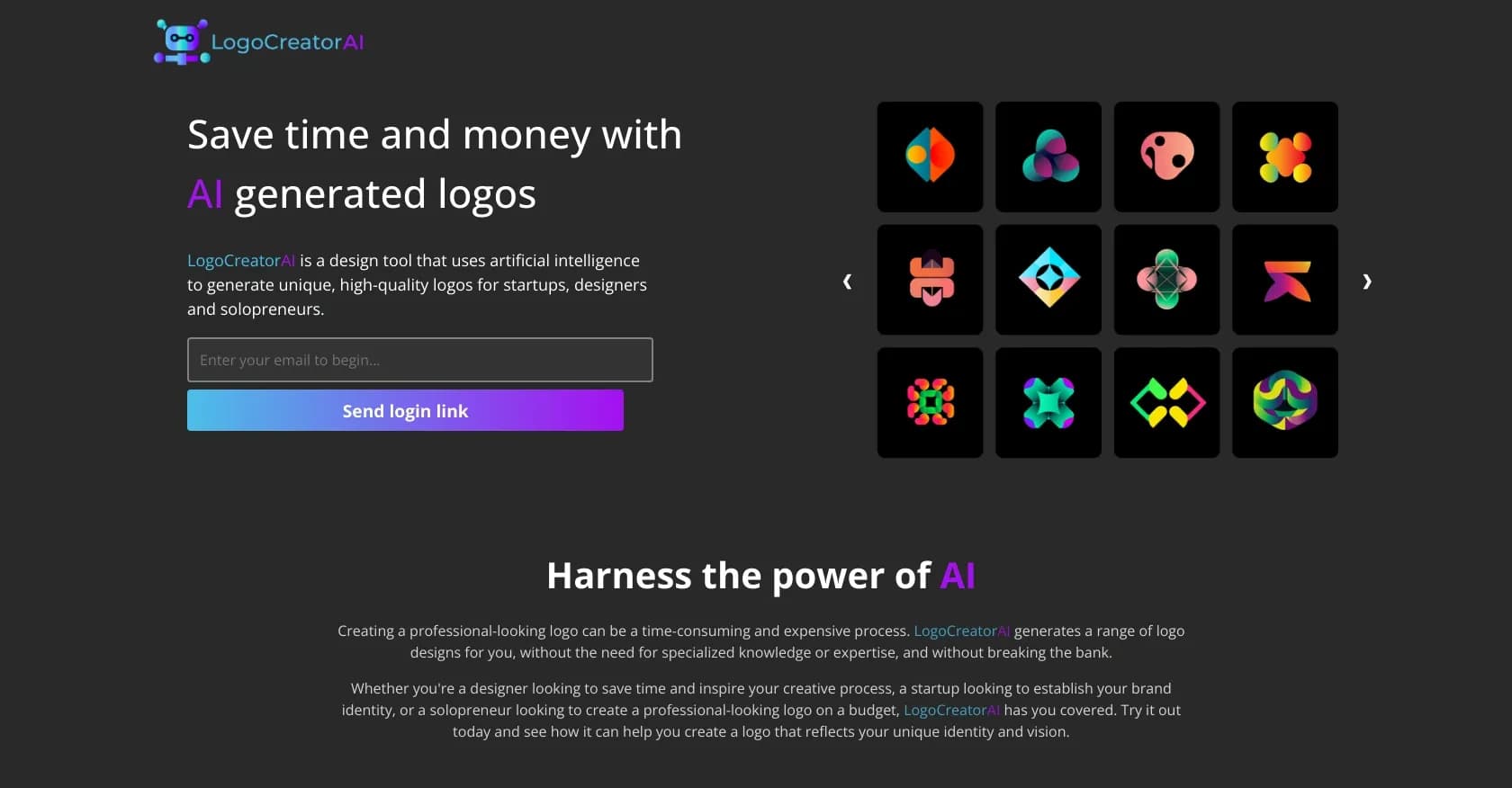 LogoCreatorAI homepage screenshot — AI-powered logo creation for startups and solopreneurs