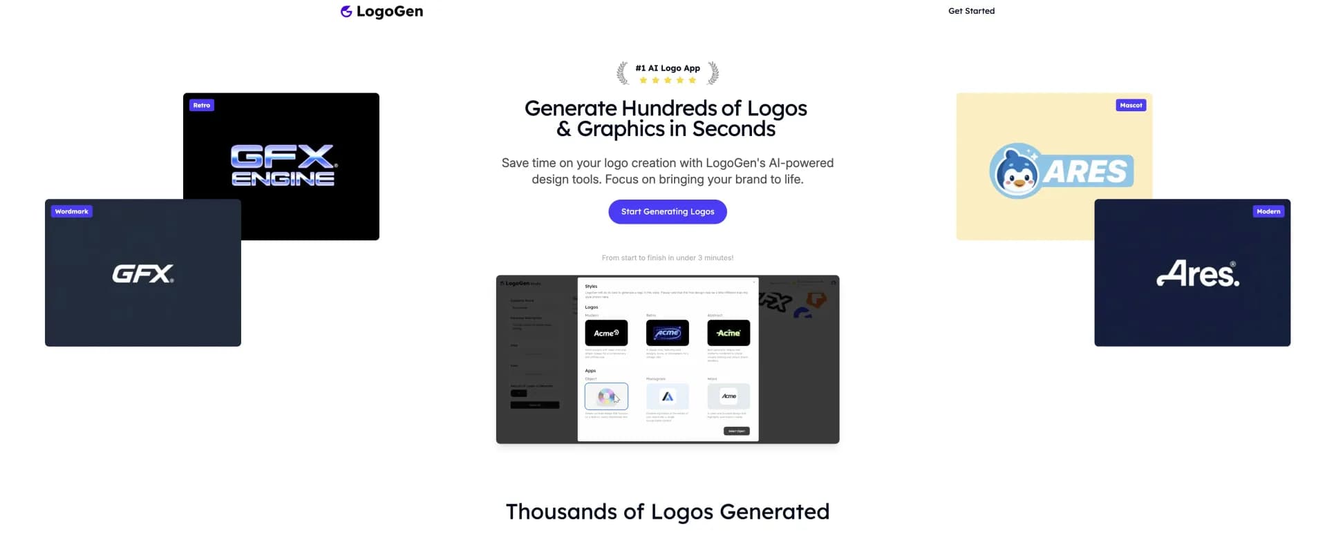 LogoGen homepage screenshot — Create pro logos instantly with AIno design skills needed.