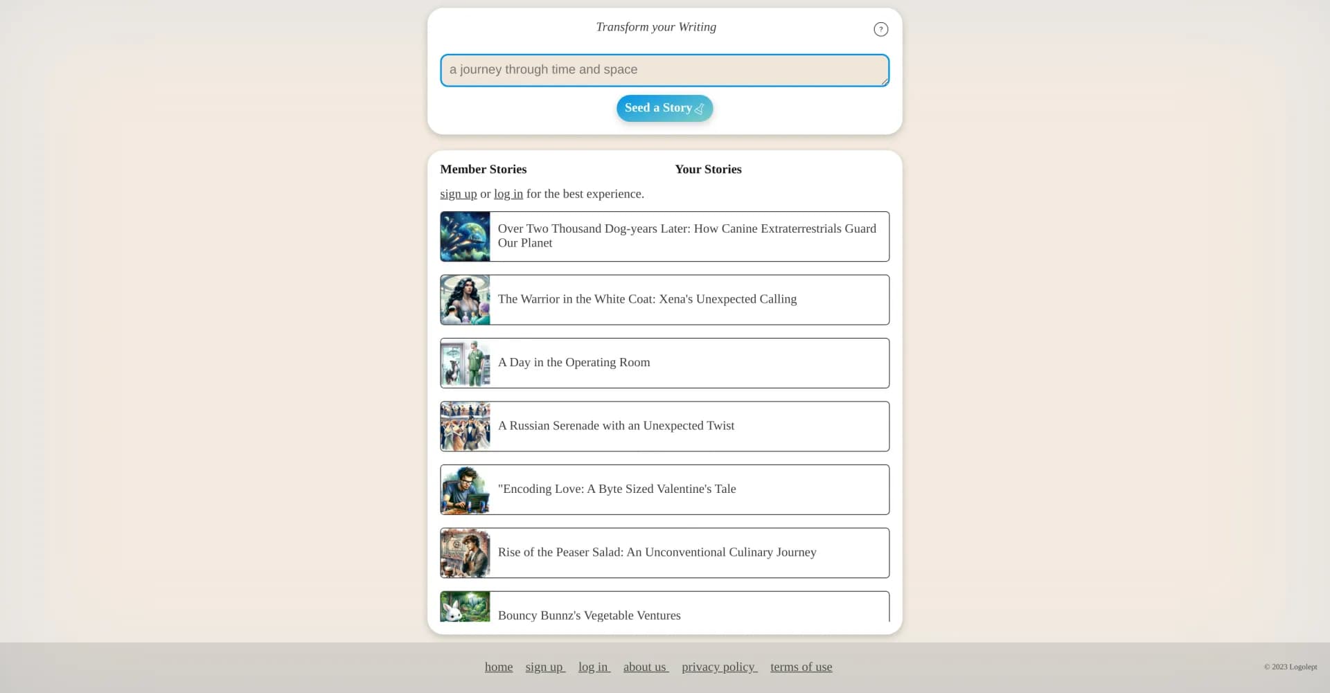 Logolept homepage screenshot — Transform your writing with AI story prompts.
