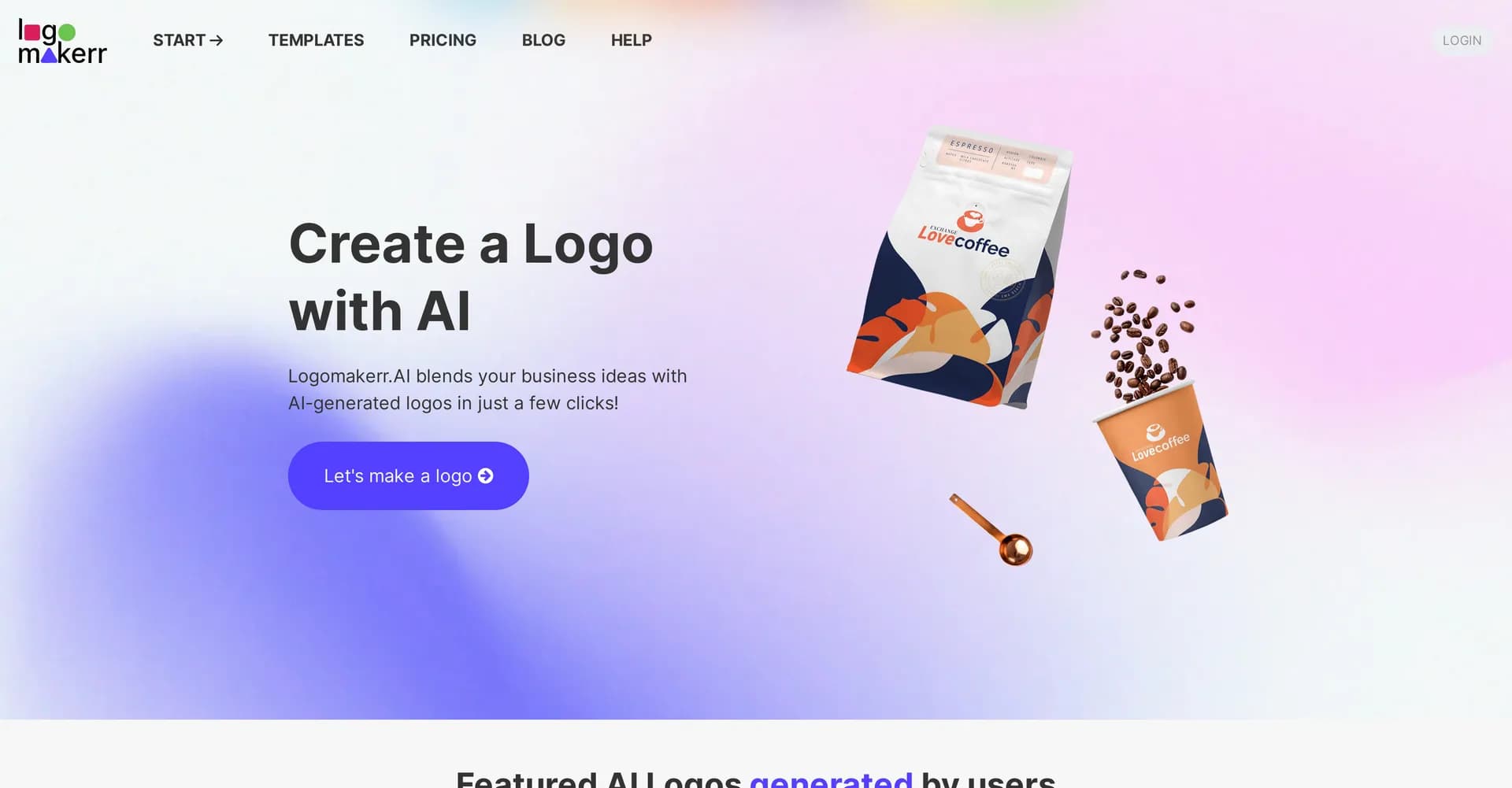 Logomakerr homepage screenshot — Create your logo with AI in minutes