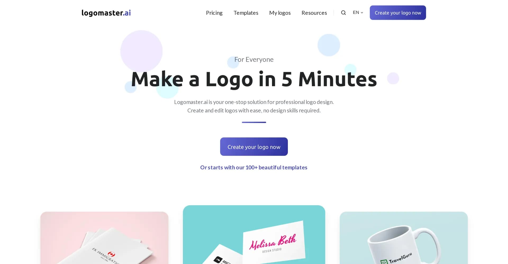 Logomaster homepage screenshot — Create stunning logos effortlessly, no design skills needed.