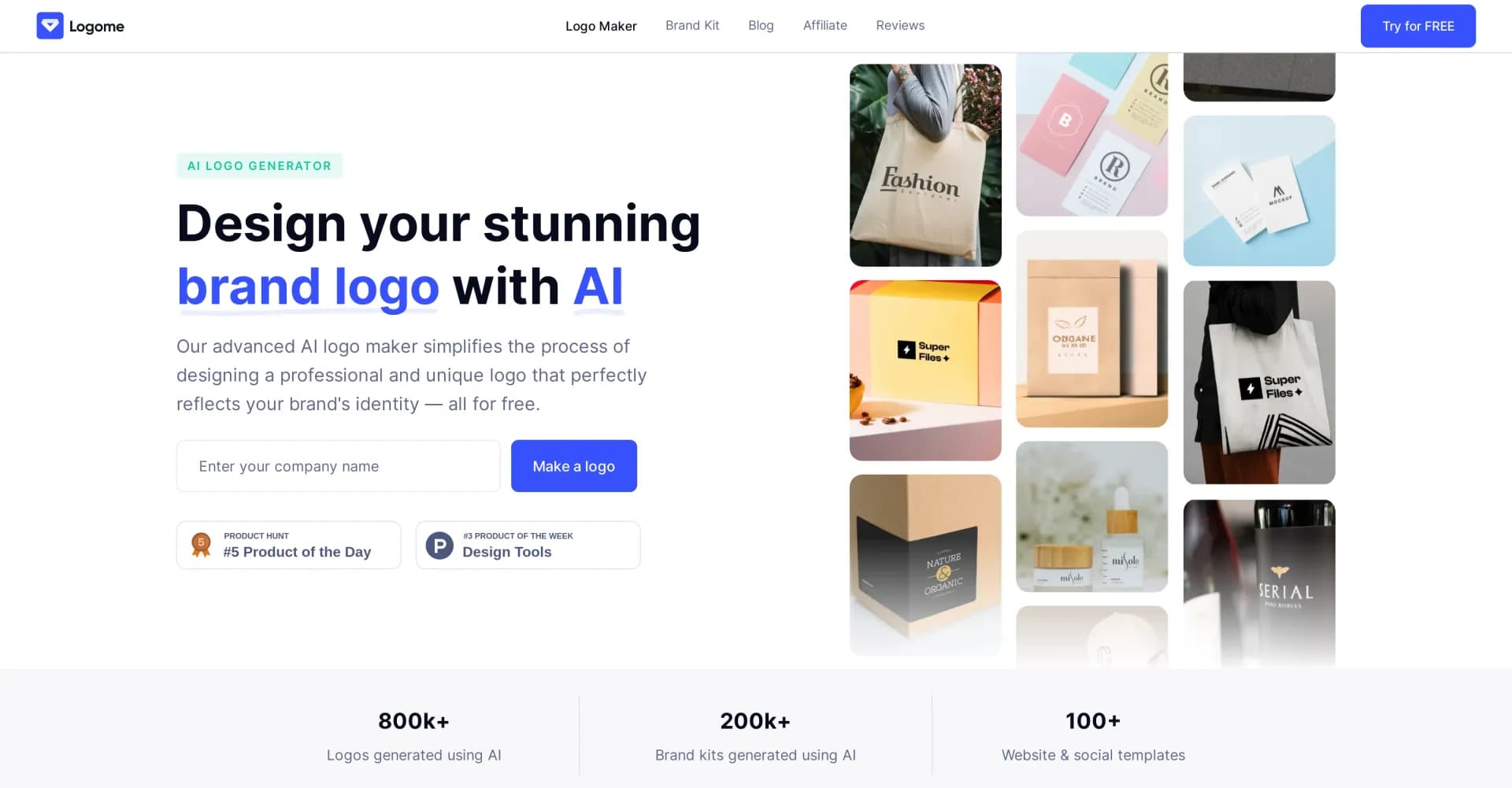 Logome AI homepage screenshot — Design stunning brand logos with AI