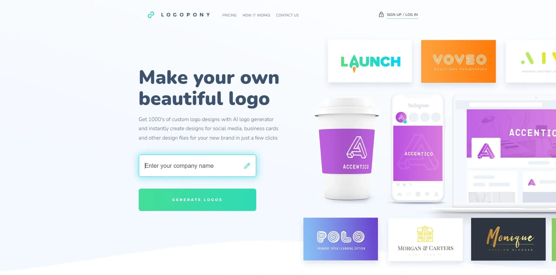 Logopony homepage screenshot — Create professional logos and branding designs.