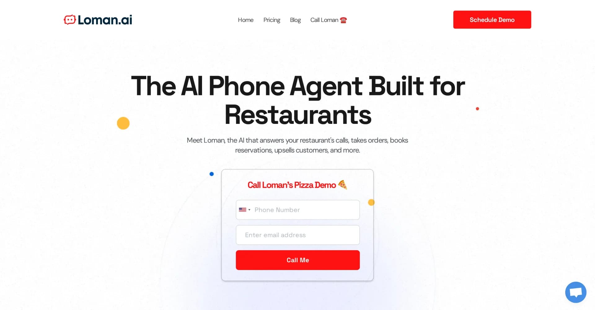 Loman homepage screenshot — AI phone agent for restaurants: answers calls, takes orders,