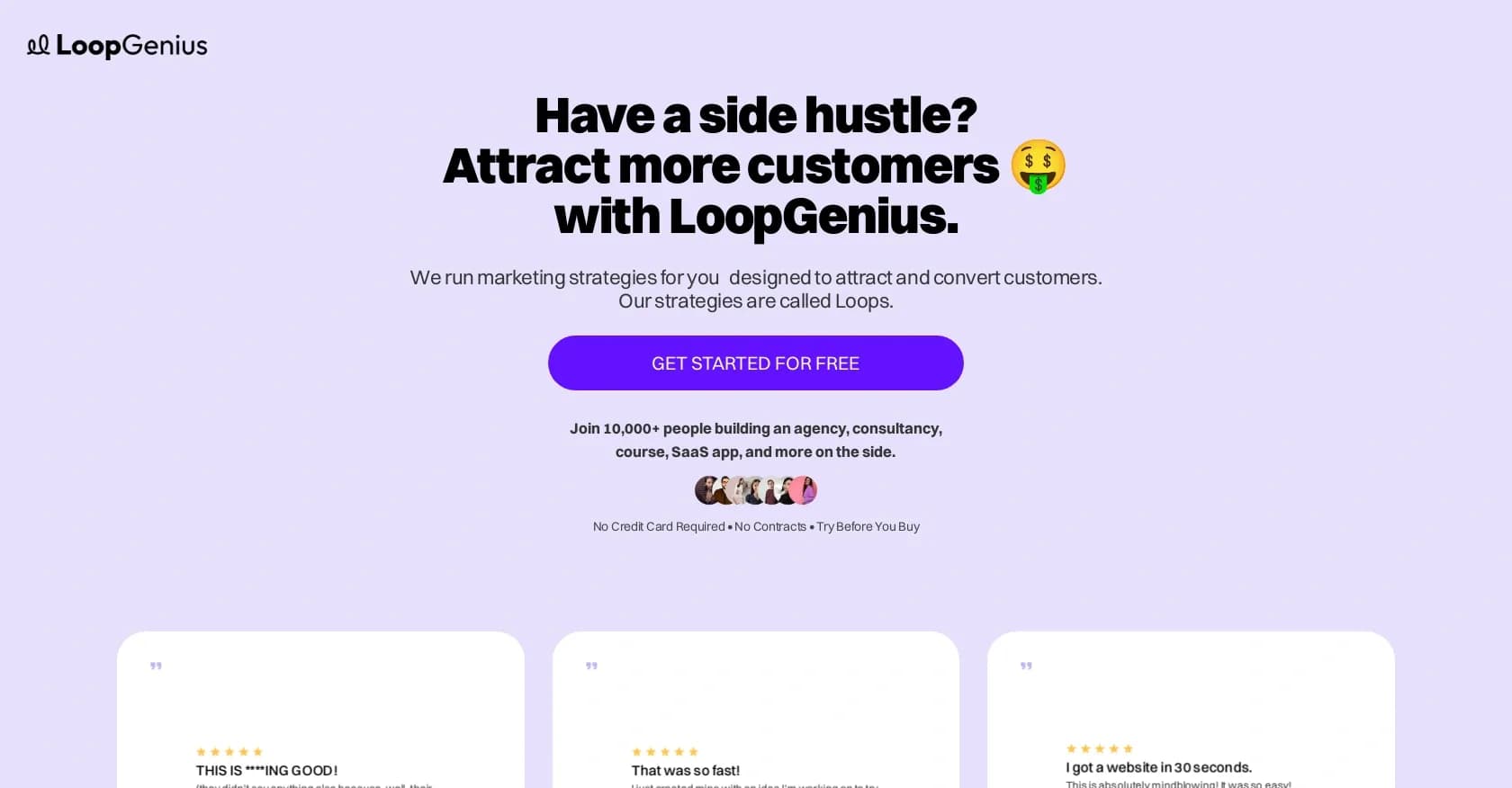 Loopgenius homepage screenshot — Grow your business with automated marketing loops.