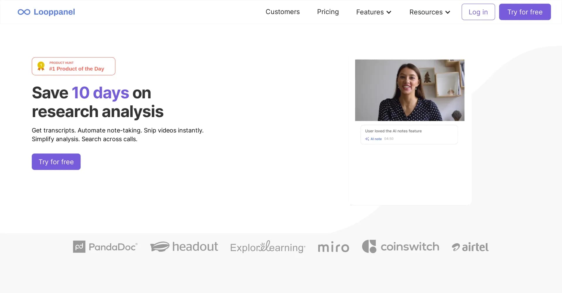 LoopPanel homepage screenshot — Centralize research data with automatic recording and transc