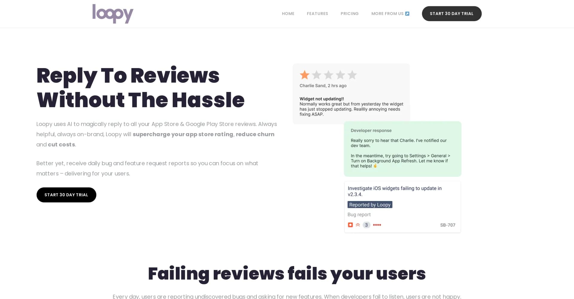 Loopy homepage screenshot — AI-powered review management to boost app ratings