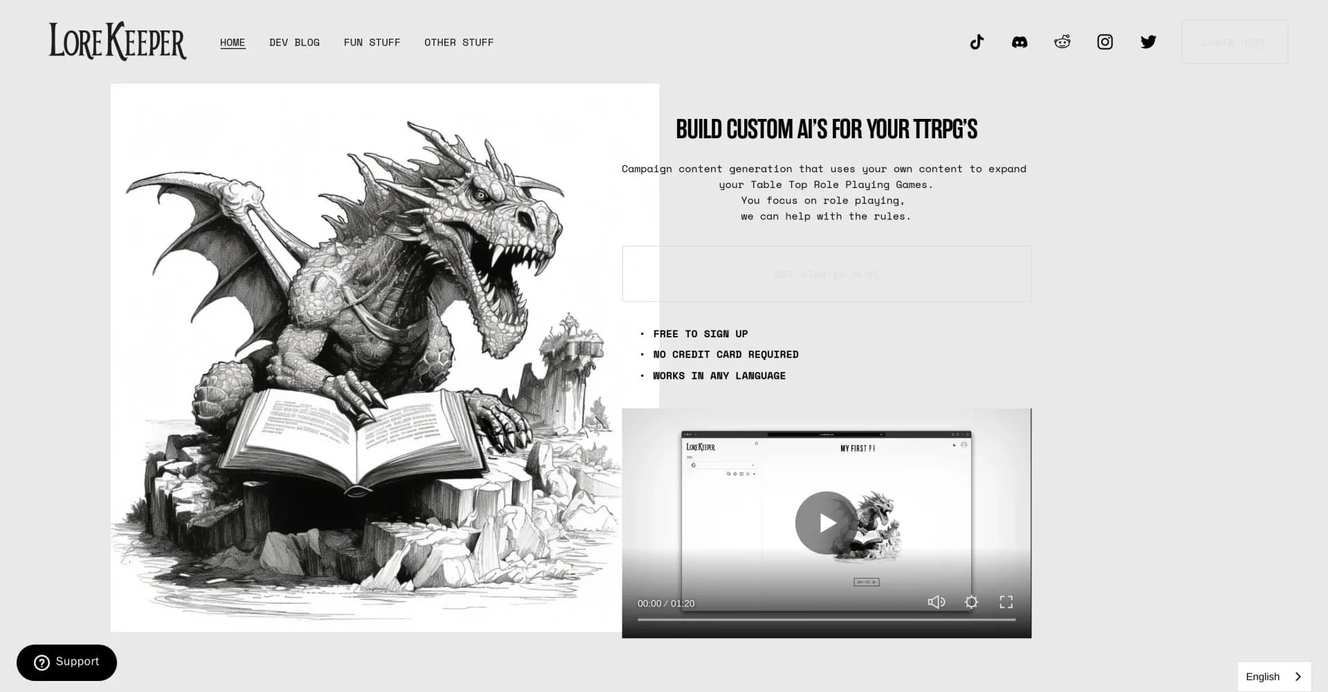 LoreKeeper homepage screenshot — Zero-prep adventures for game masters in minutes.