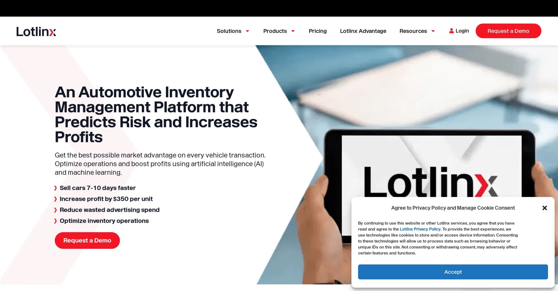 Lotlinx homepage screenshot — AI-powered inventory management for car dealerships.