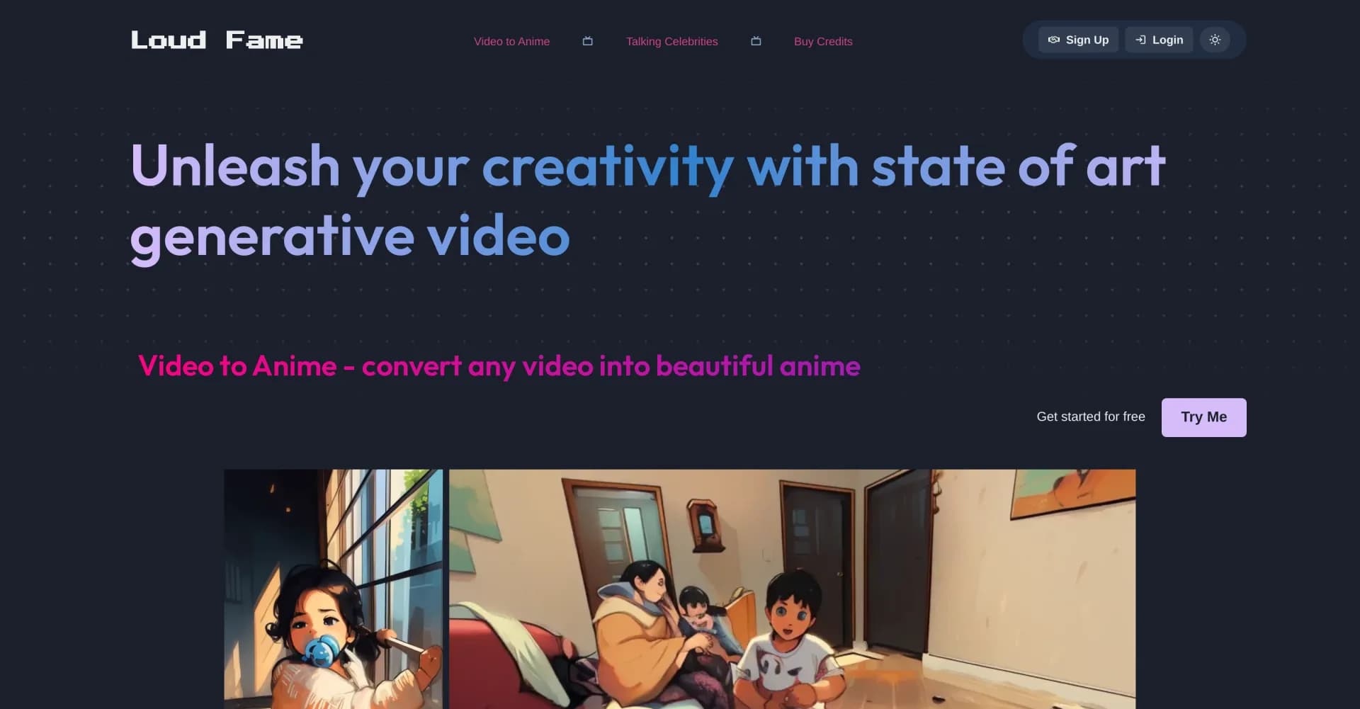 Loud Fame homepage screenshot — Unleash your creativity with AI video generation.