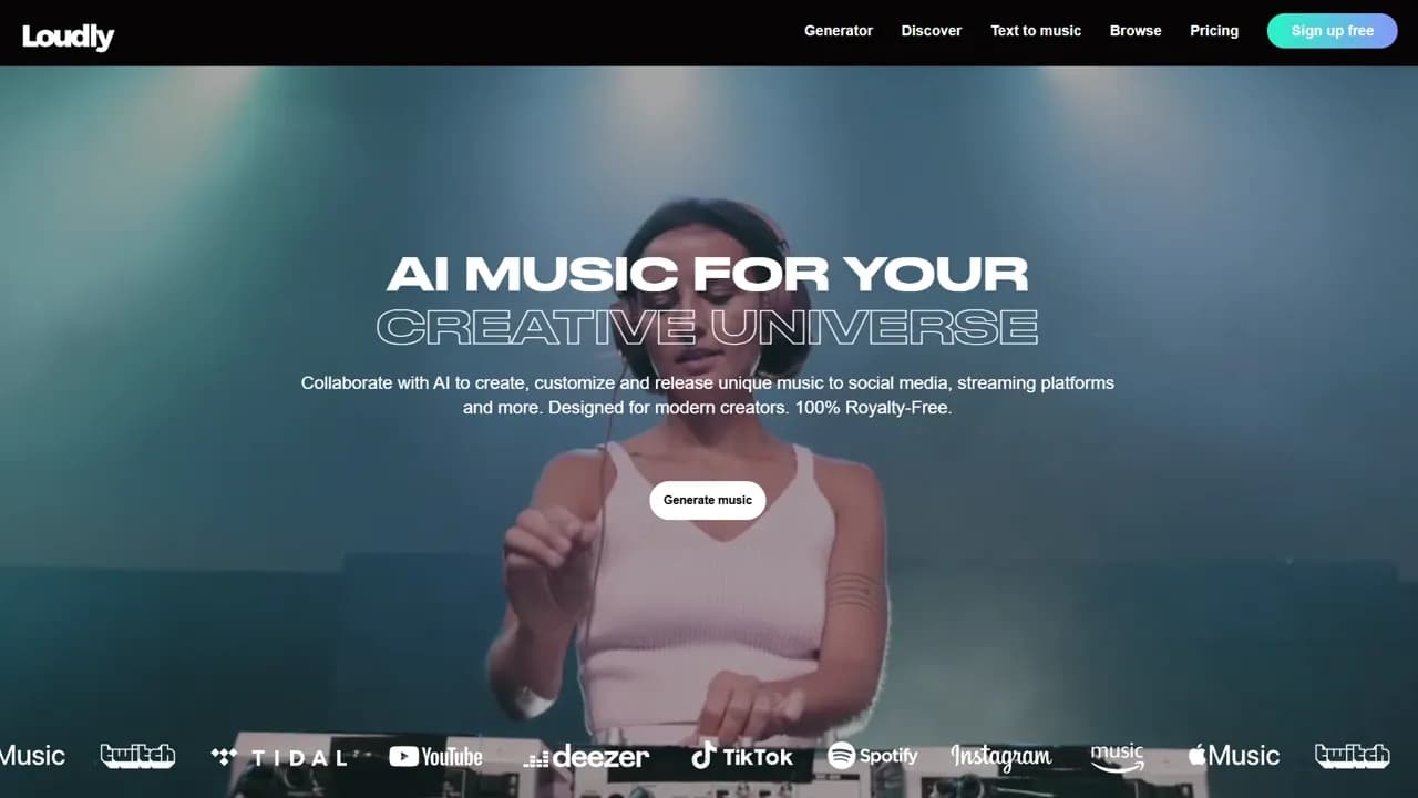 Loudly homepage screenshot — Generate and release studio-quality to Spotify, TikTok, Appl