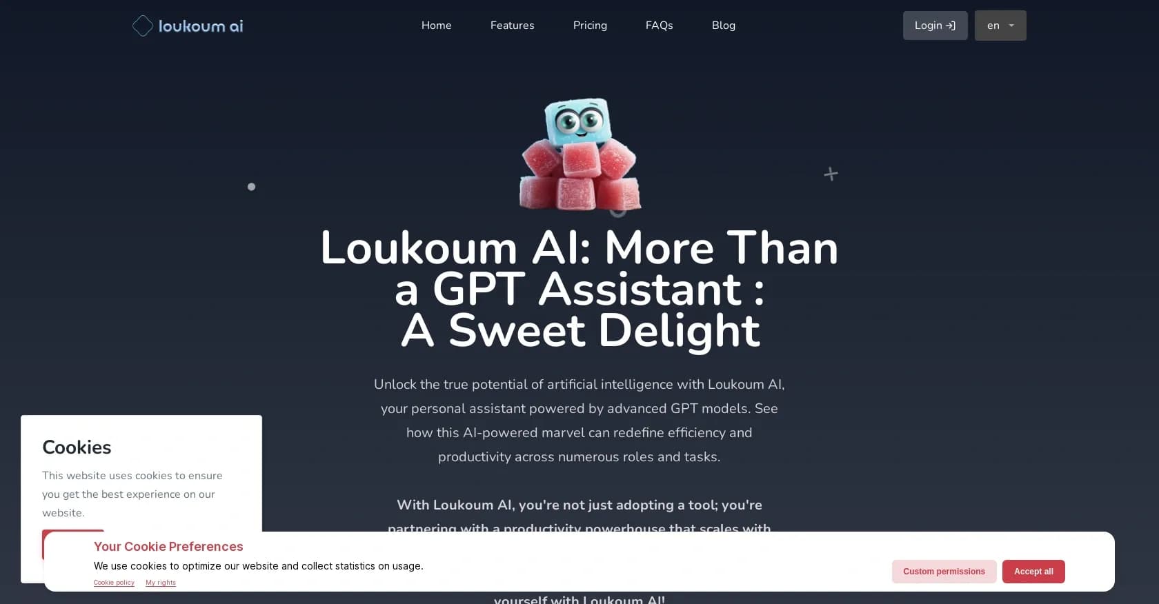 Loukoum homepage screenshot — Sweet AI assistant powered by GPT models