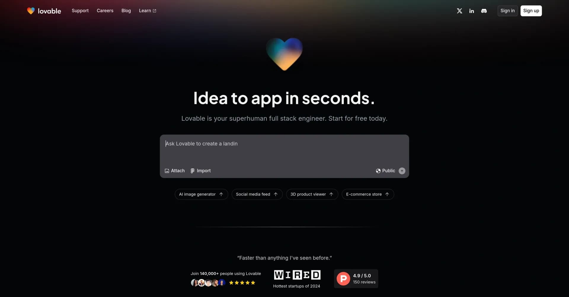 Lovablev2.2 homepage screenshot — Build software products using chat