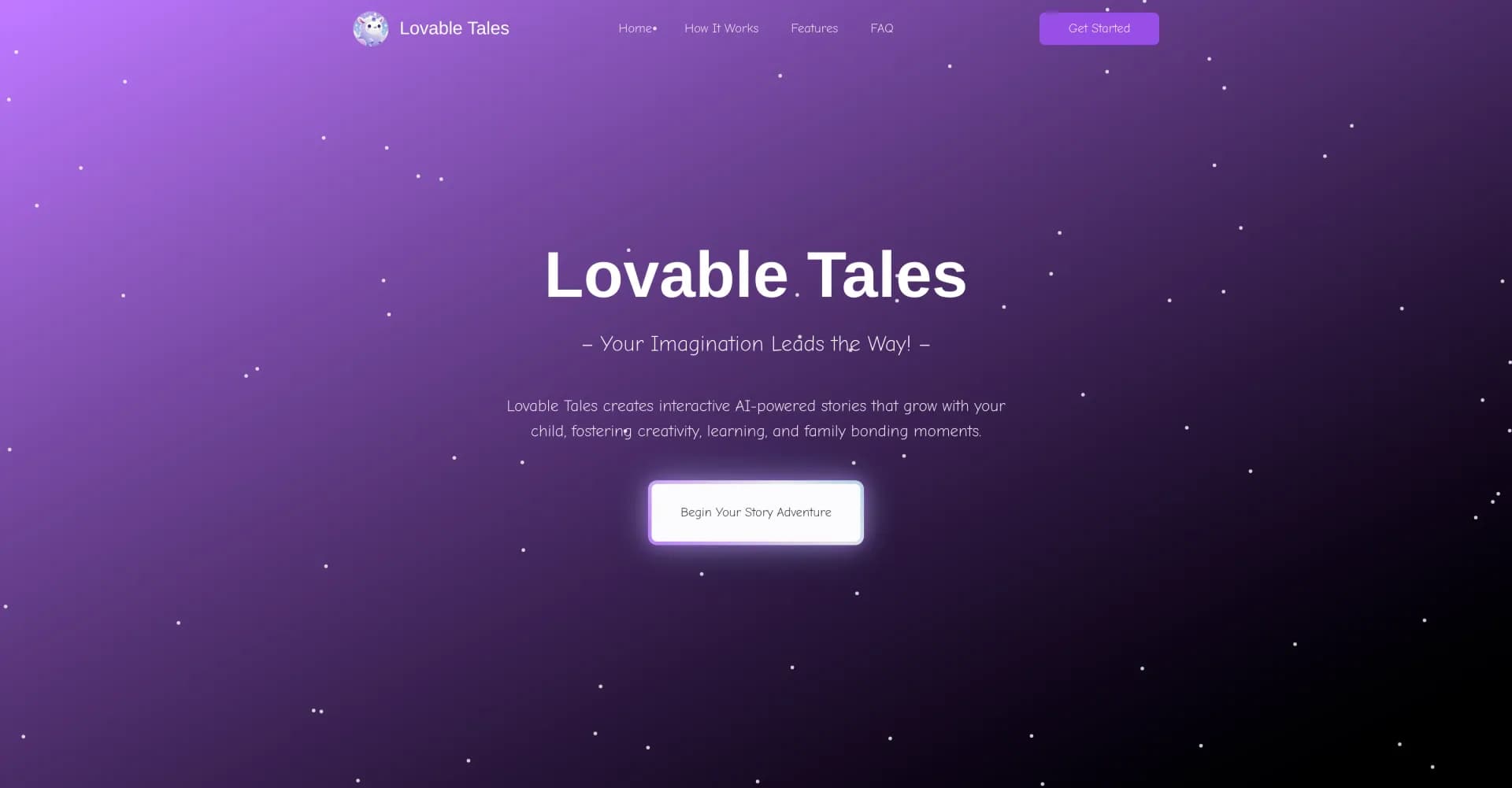 Lovable Tales homepage screenshot — Create magical stories where kids choose the adventure