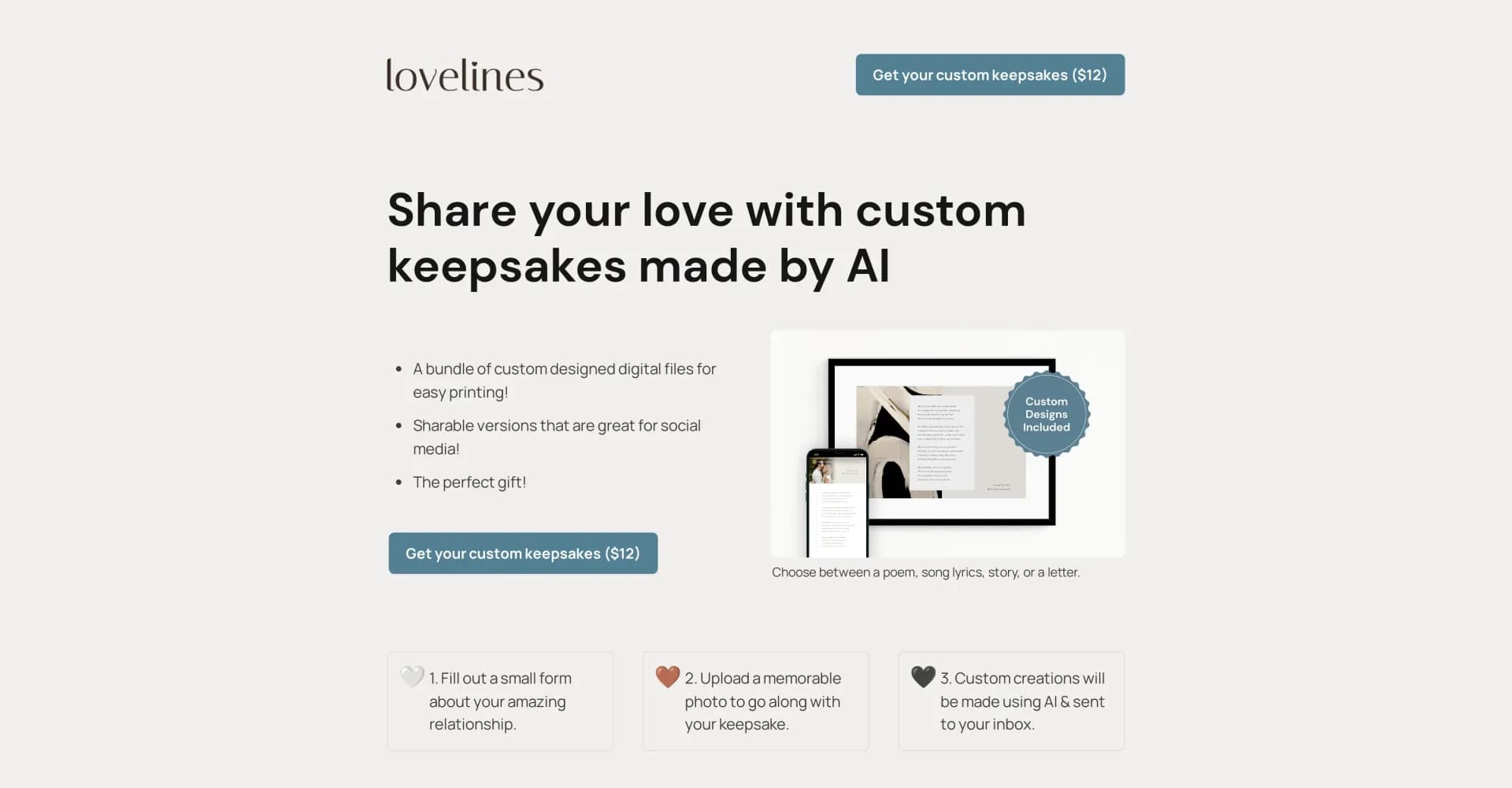 Lovelines.xyz homepage screenshot — AI-crafted keepsakes to express your love.