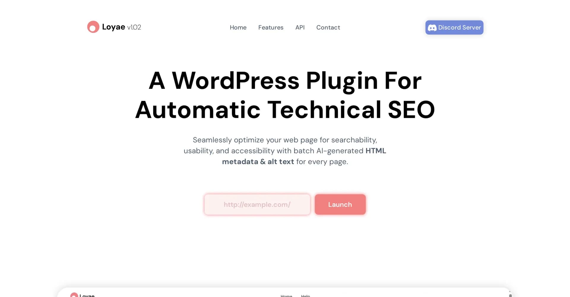 Loyae homepage screenshot — AI-powered SEO optimization for WordPress sites