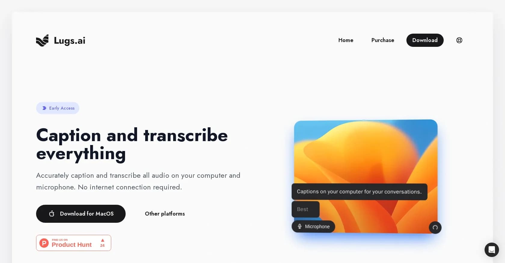Lugs homepage screenshot — Caption and transcribe all audio, offline.