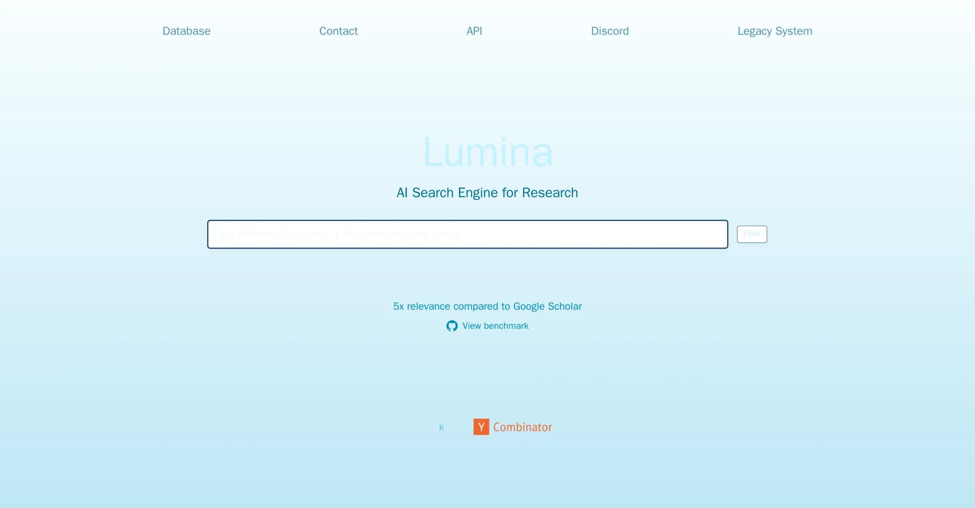 Lumina homepage screenshot — Supercharge research with AI-powered academic search.