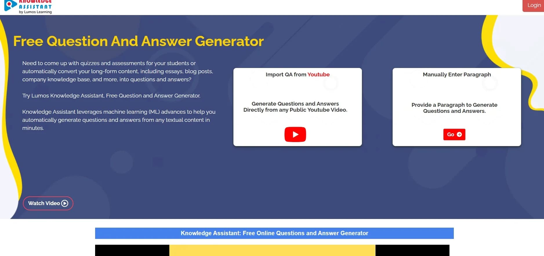 Lumos Learning's Q&A Generator homepage screenshot — Generate questions and answers from any text automatically.