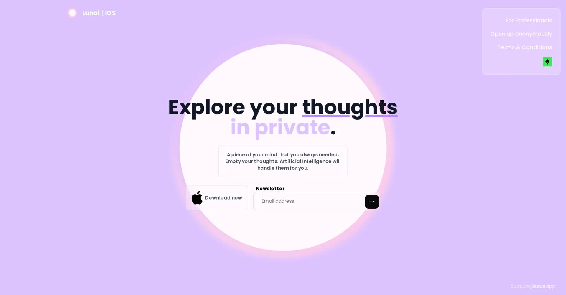 Lunai homepage screenshot — Explore your thoughts with AI-powered insights.