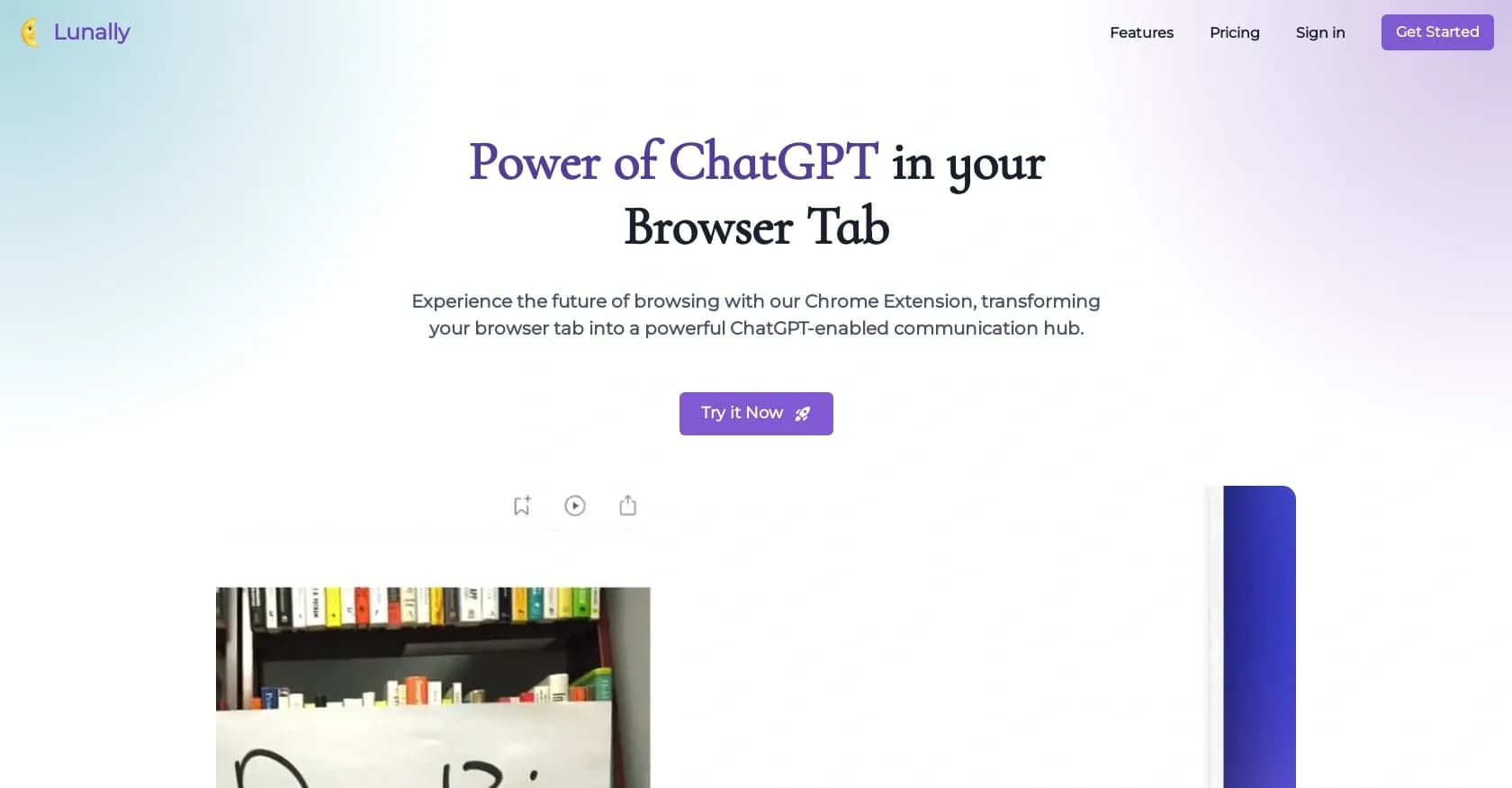 Lunally homepage screenshot — ChatGPT-powered browsing companion in your tab.