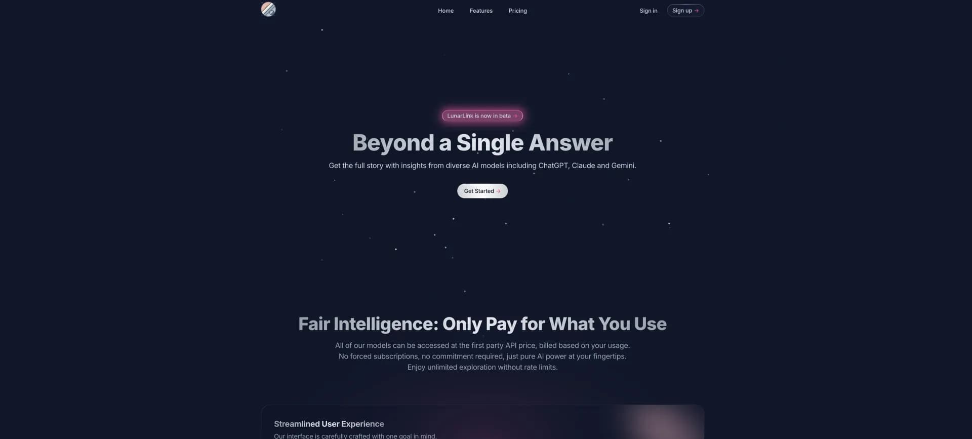 LunarLink homepage screenshot — Get diverse AI insights from multiple models.
